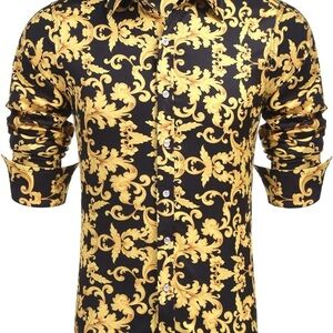 Men's Black and Gold Patterned Shirt (052)